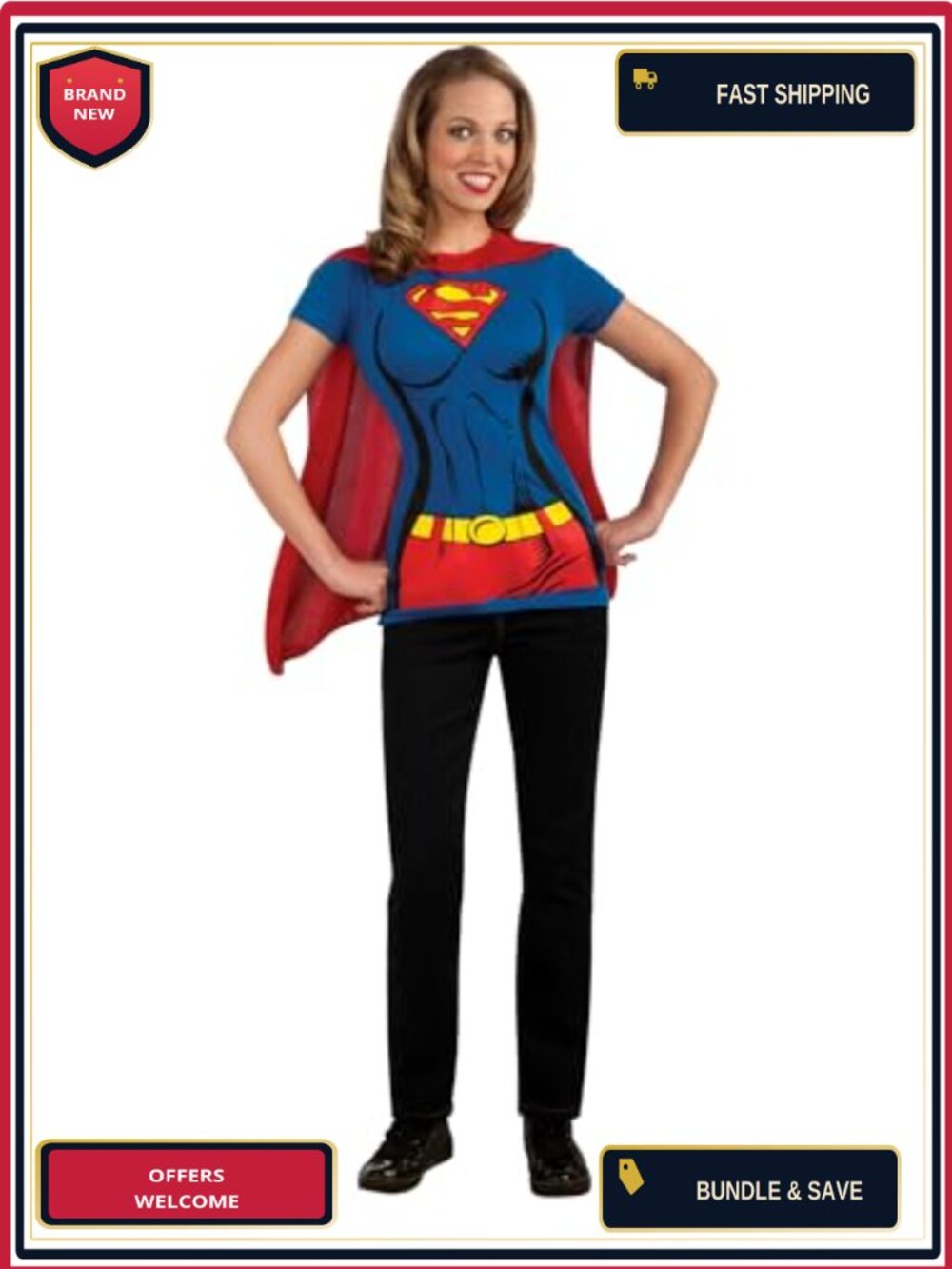 Supergirl Costume T-Shirt with Detachable Cape Fitted Cotton Women's Cosplay